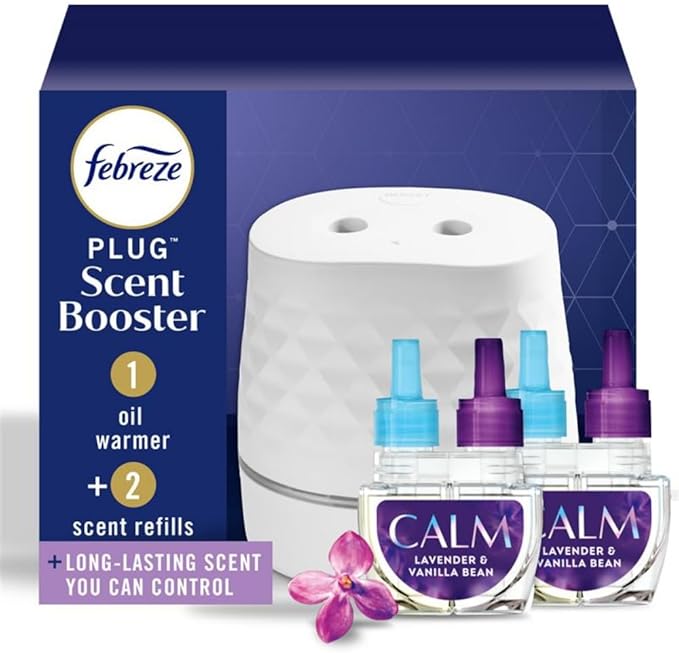 Febreze Plug Scent Booster Starter Kit, Oil Diffuser, Air Freshener Plug in, Giftable for Holidays, Continuous Scent Device + 2 Downy Calm Refills