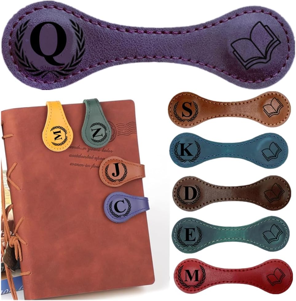 Personlized Magnetic Leather Bookmarks with Initials, Customized Book Marks Clip 26 Letters Bookmark for Reading Women, Men, Kids,Cute Book Markers Meaningful Gift for Book Lovers (Purple, Q)