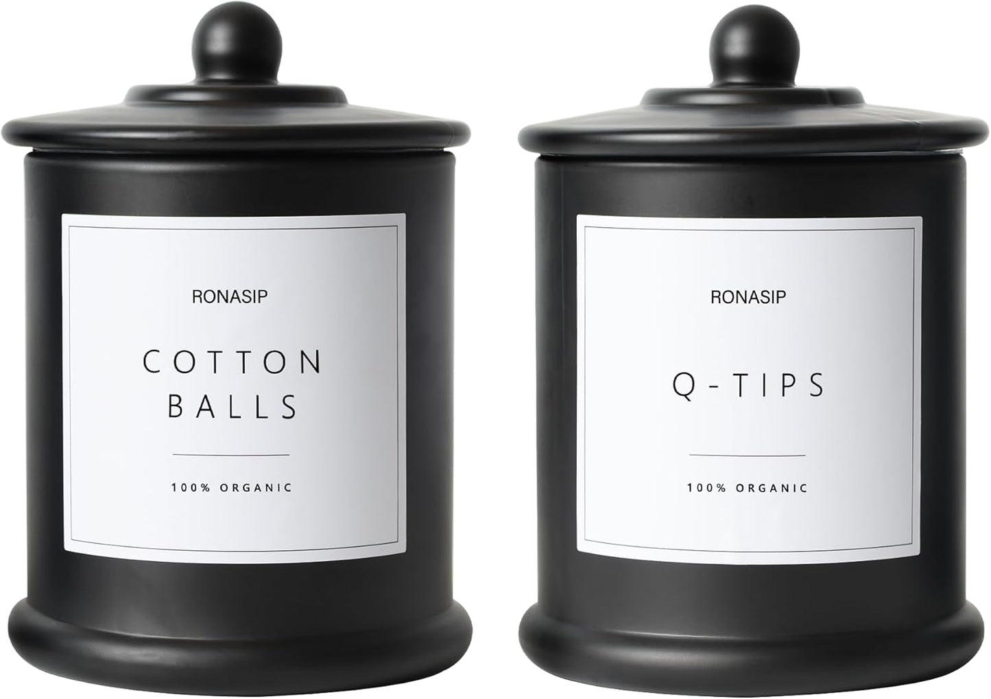 Qtip Holder & Cotton Pad Dispenser, Bathroom Organizer and Storage Canisters, 16oz Glass Apothecary Jars for Kitchen, Restroom - Home Decor Accessories, Room Decor Aesthetic (2 Pack, Black)