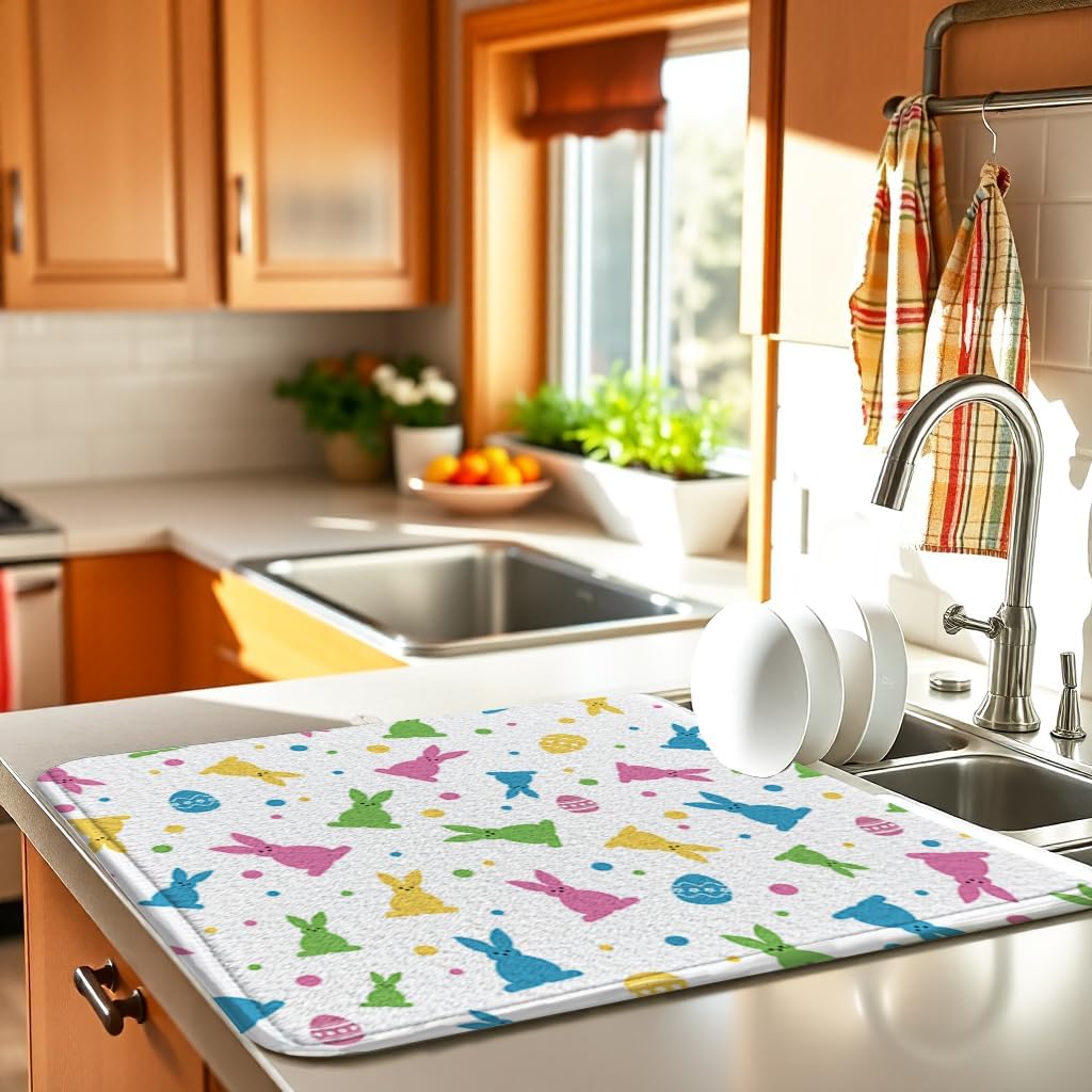 Easter Dish Drying Mat for Kitchen Counter 16''x18'' Microfiber Absorbent, Small & Compact Red Kitchen Draining Mat for Countertops Dish Drainer Mat Drying Pad Foldable Utensils, and Cookware