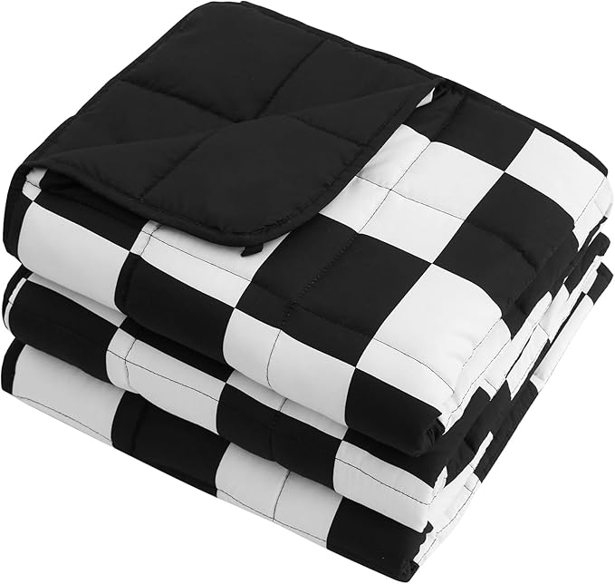 Black Checkered Weighted Blanket for Adults 15lbs, 48"x72", Twin Full Size Cooling Plaid Heavy Throw Blanket for 120-160lbs, Microfiber Soft Thick Big Blankets Weighted Comforter Gift for Sleeping