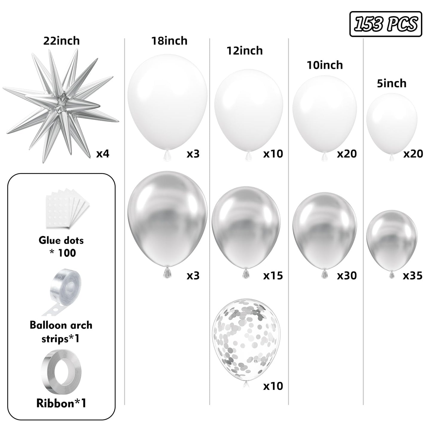 PTGOLUO 153Pcs White and Silver Balloons Garland Arch Kit with Stars - 22 18 12 10 5 inch Different Size White Metallic Silver Confetti Latex Balloon for Birthday Baby Shower Wedding Party Decorations