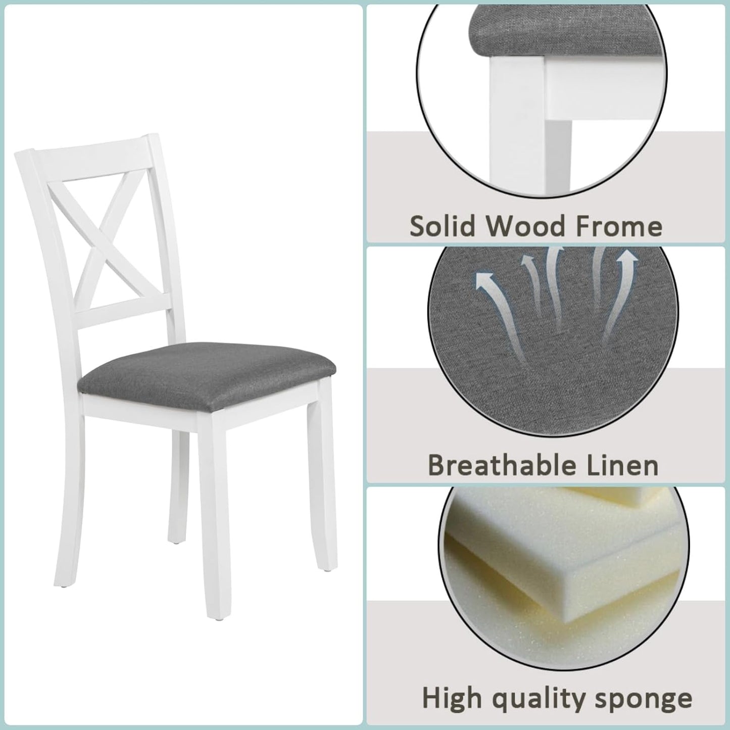 Dining Table Set for 5, 6-Piece Kitchen Table & Chairs Set with Rectangular Table, Bench & 4 Upholstered Chairs, 58.5'' Dinner Set with Wood Legs & X-Shaped Backrest for Kitchen, White&Gray