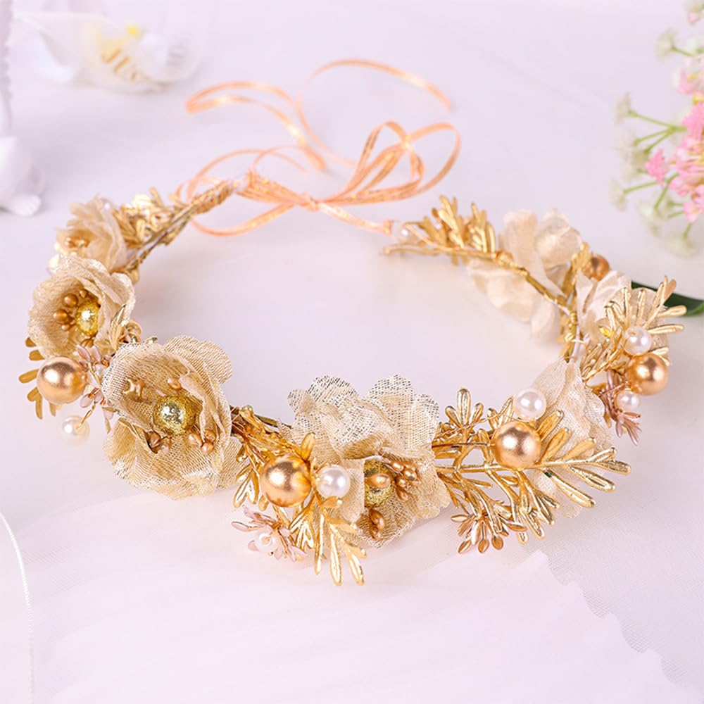 yuruyi Adjustable Flower Crown Headband for Women - Floral Garland Hair Wreath with Crystal Accents Perfect for Weddings Flower Wands Photo Props (Gold Flower Pearl, Adjustable)