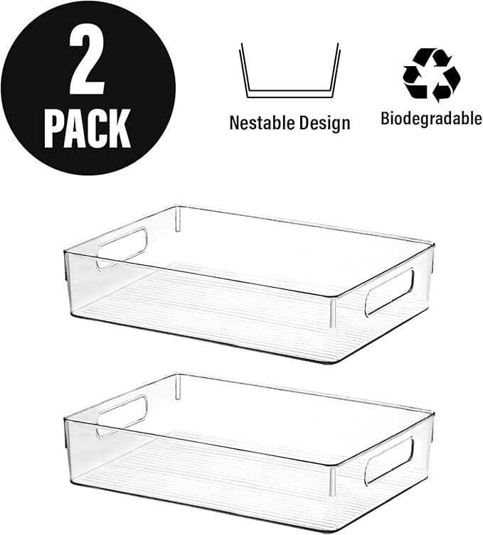 Clear Plastic Storage Bins, Pantry Organizers and Storage or Kitchen Organization and Storage Containers Bins for Organizing, Fridge, Freezer, Bathroom, Pantries, Refrigerator, Cabinet Organizer Bin