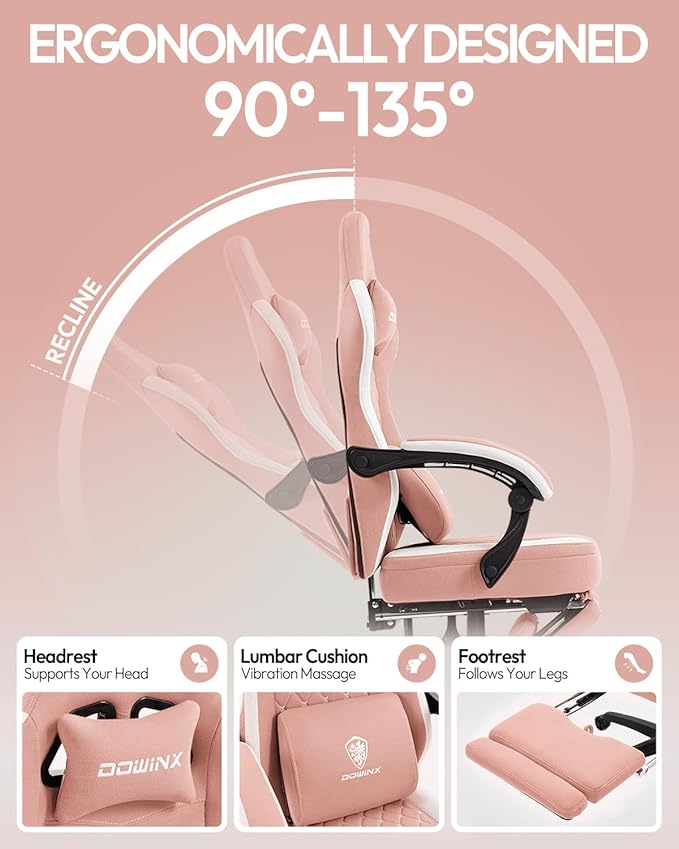 Dowinx Gaming Chair with Footrest, Breathable Fabric Gamer Chair with Gel Pad and Storage Bag, Ergonomic Office Chair with Lumbar Support for Home Task, Pink