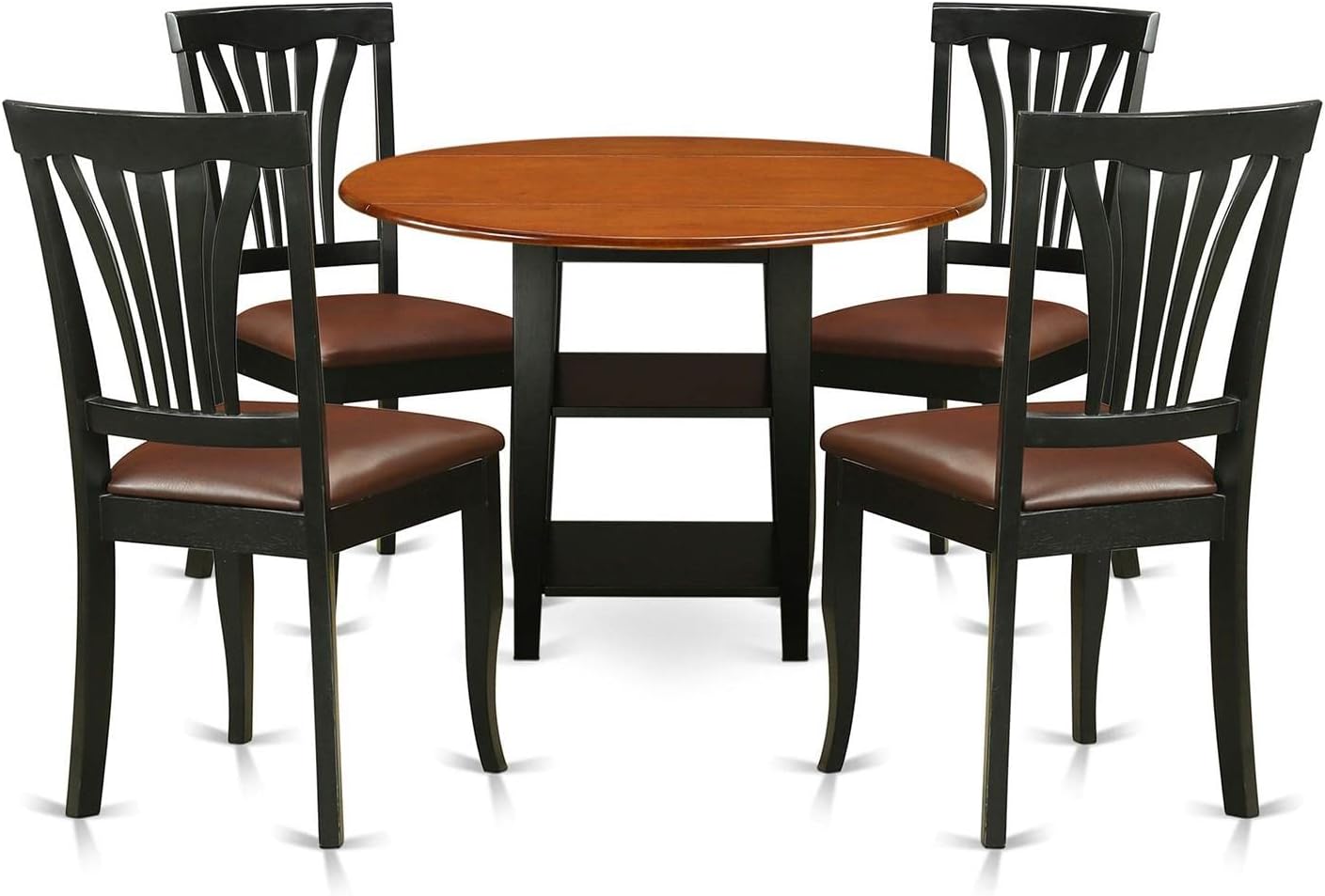 East West Furniture SUAV5-BCH-LC 5 Piece Dining Table Set for 4 Includes a Round Kitchen Table with Dropleaf & Shelves and 4 Faux Leather Dining Room Chairs, 42x42 Inch, Black & Cherry