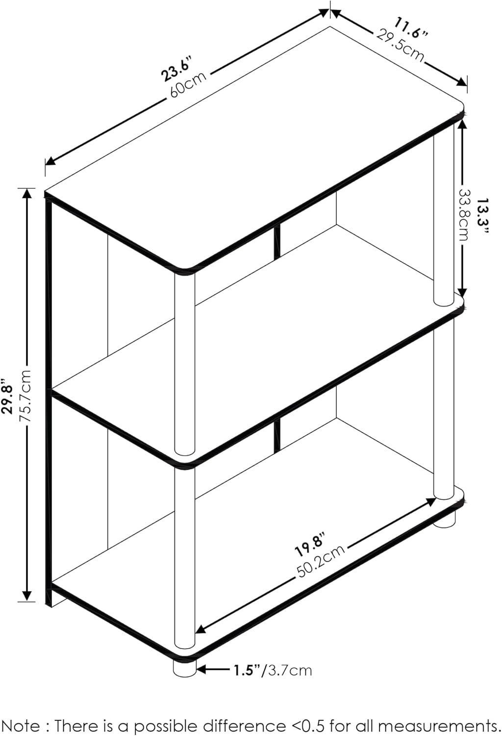 Furinno JAYA Simple Design 3-Tier Bookcase / Bookshelf / Display Rack, Plastic Tubes, Walnut