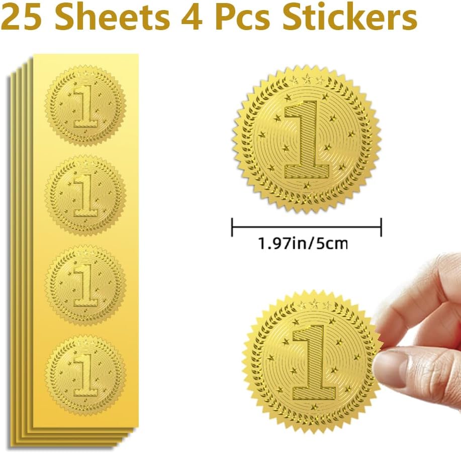 Peacoblue Gold Foil Stickers Seals Official Embossed, Number 1 Self Adhesive Gold Around Embossing Medal Stickers for Certificate Paper, Student Reward, Awards, Envelope Seals