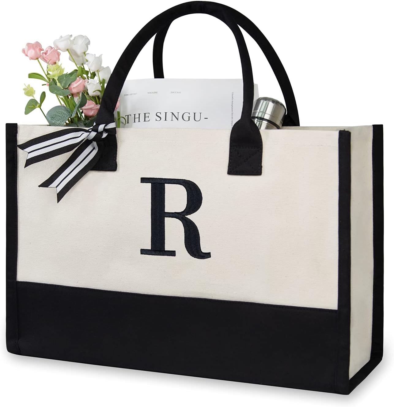 TOPDesign Embroidery Initial Canvas Tote Bag, Personalized Present Bag, Suitable for Wedding, Birthday, Beach, Holiday, is a Great Gift for Women, Mom, Teachers, Friends, Bridesmaids (Letter R)