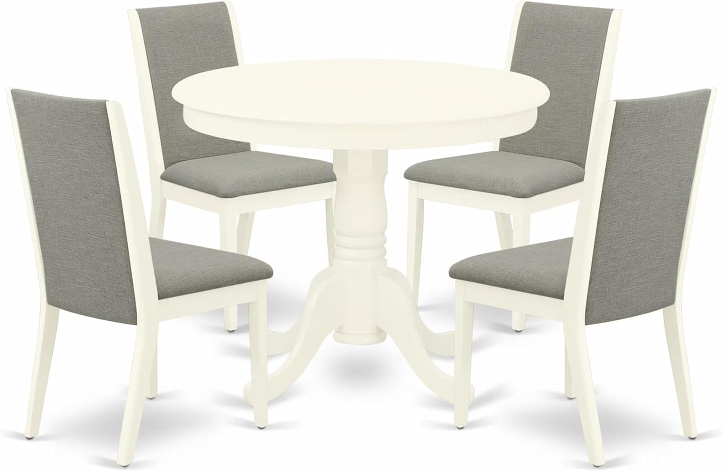 East West Furniture ANLA5-LWH-06 5 Piece Dining Room Furniture Set Includes a Round Kitchen Table with Pedestal and 4 Shitake Linen Fabric Parsons Dining Chairs, 36x36 Inch, Linen White