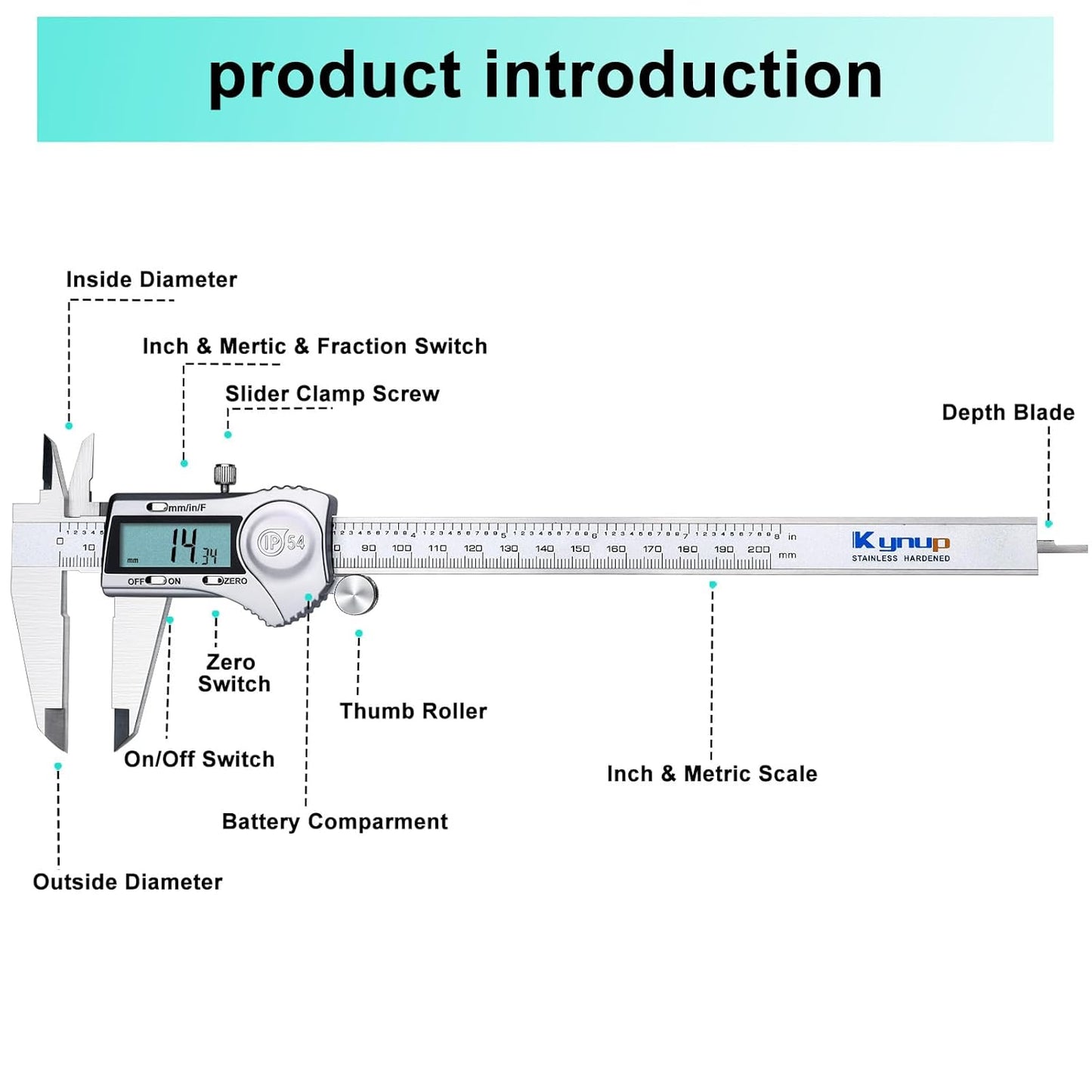 Kynup Digital Caliper, 8 Inch Caliper Measuring Tool with Stainless Steel, IP54 Splash Proof Protection Design, Easy Switch from Inch Metric Fraction, Large LCD Screen (200mm)