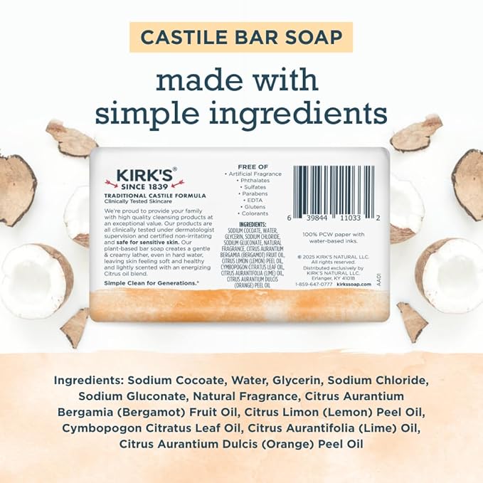 Kirk's Castile Bar Soap for Men, Women & Children - Made with Premium Coconut Oil, Sensitive Skin Formula- Vegan & Non GMO- Citrus Twist- 4 oz. Bars 6 Pack
