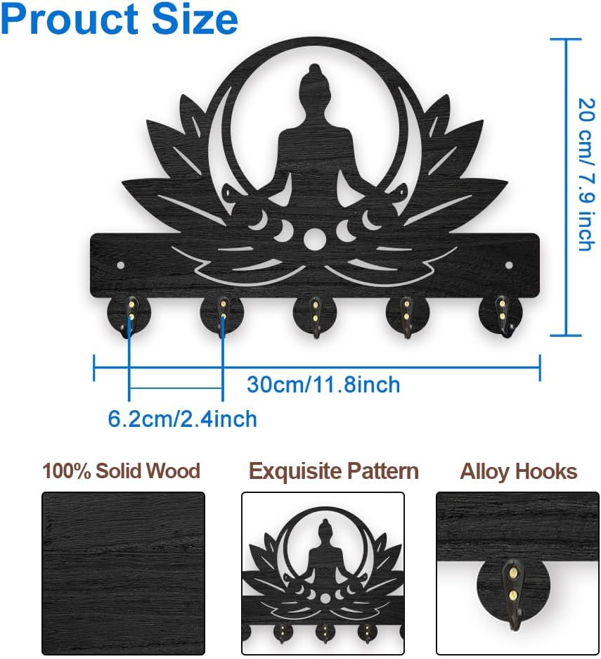 MAYJOYDIY Wooden Lotus Meditation Key Hook Zen Lotus Wall Mounted Coat Rack 11.8 x 7.8 inches Black Art Buddhist Buddha Key Hanger with 5 Alloy Hooks for Bedroom Kitchen Entryway Office