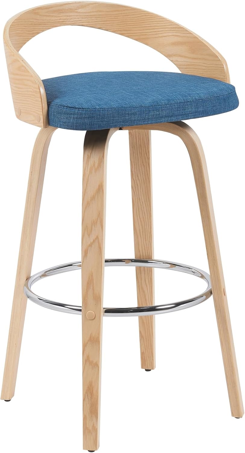 Sonia Modern Swivel Bar Height Stool with Blue Upholstered Seat and Patterned Oak Wood Finish Set of 3