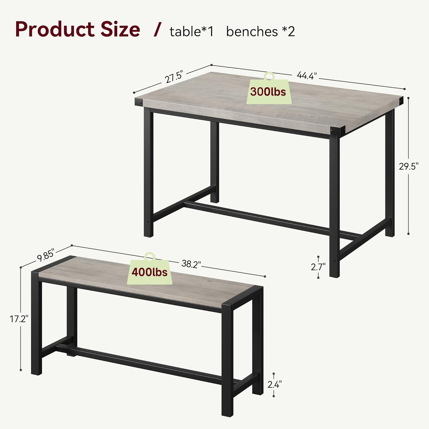 Dining Table Set for 4 with 2 Benches, 3-Piece Kitchen Table Set, Space-Saving Dining Set for Kitchen, Dining Room, Gray