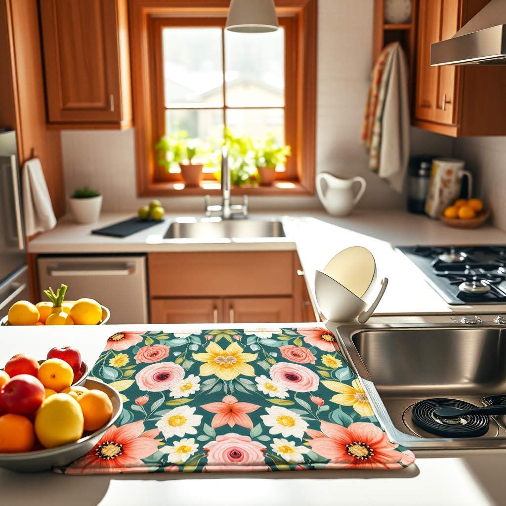Floral Spring Small Dish Drying Mat for Kitchen Counter 16''x18''Microfiber Absorbent, Foldable, Quick-Dry, Non-Slip,Compact Kitchen Drying Pad for Dishes, Countertops, and Cookware