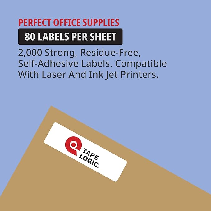 TAPE LOGIC Printable Self-Adhesive ½ x 1 ¾” White Laser Labels (25 Sheets of 80) | 2,000 All Purpose Blank Sticker Label, Office & Personal Supplies for Address Shipping & Mailing