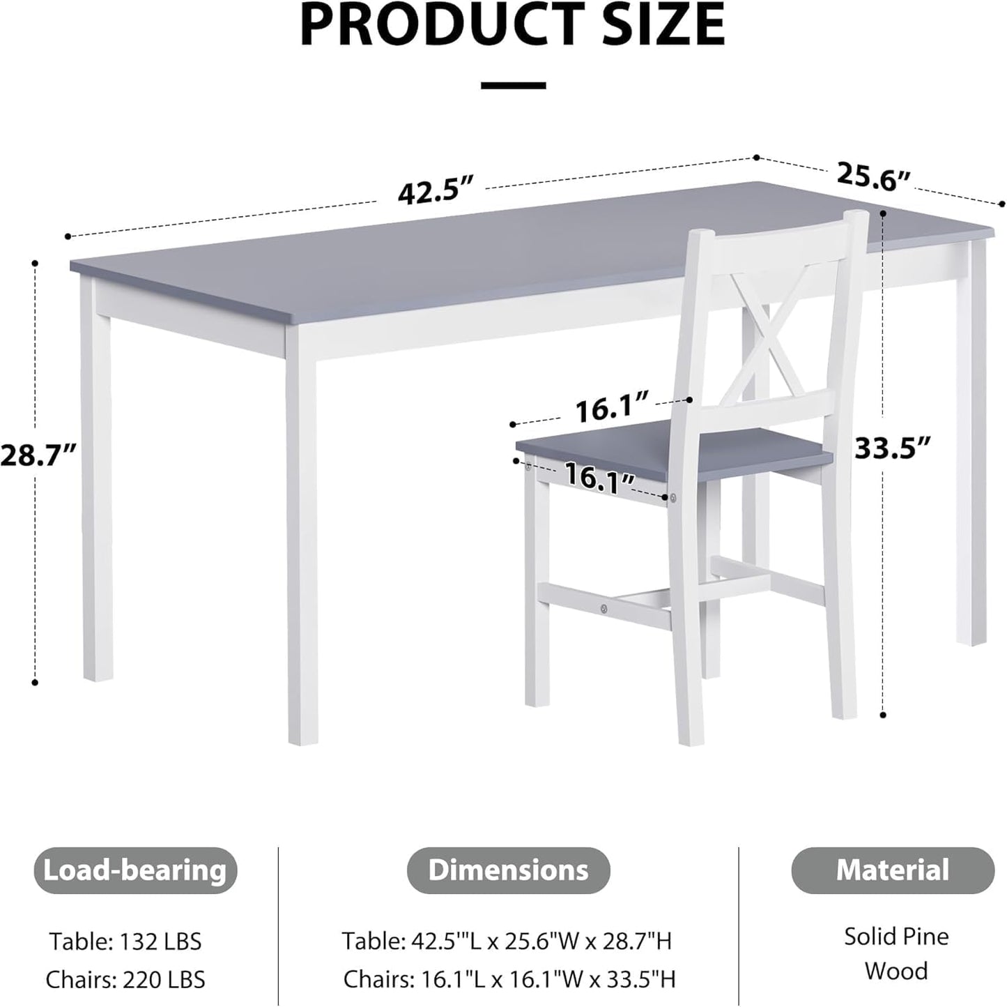 sogesfurniture 42.5''Dining Table Set for 4，Dinette Set for 4 Small Space,5 Pieces Dining Table for Kitchen, Dining Room, Pine Wood,Grey&White