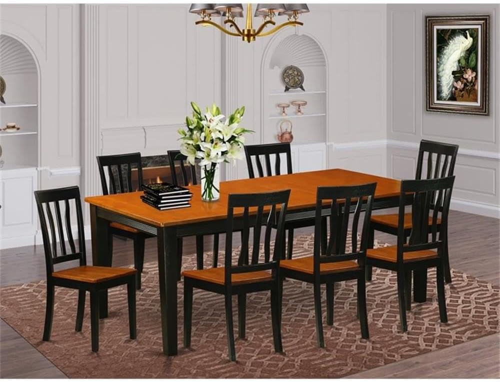 East West Furniture QUAN9-BCH-W 9 Piece Kitchen Table & Chairs Set Includes a Rectangle Dining Room Table with Butterfly Leaf and 8 Solid Wood Seat Chairs, 40x78 Inch, Black & Cherry