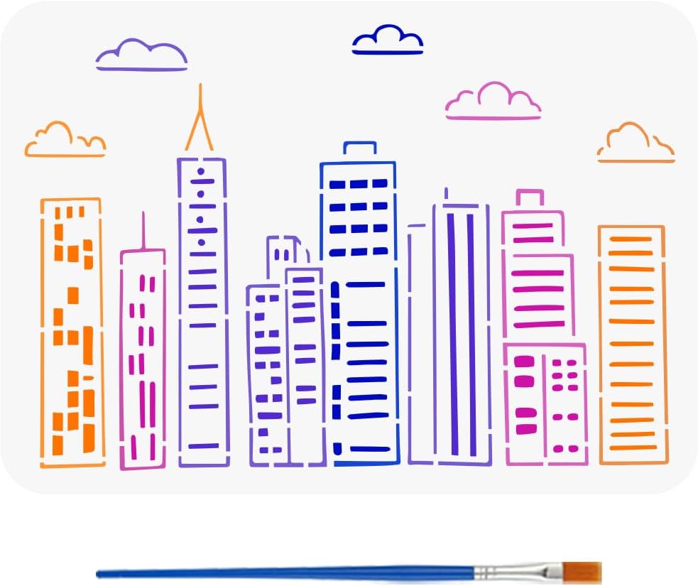 FINGERINSPIRE Cartoon Graffiti Skyline Stencil with Paint Brush 8.3x11.7inch Cartoon Cityscape Template City Buildings Pattern Painting Stencil Cityscape Skyline Template for Painting on Wood Wall