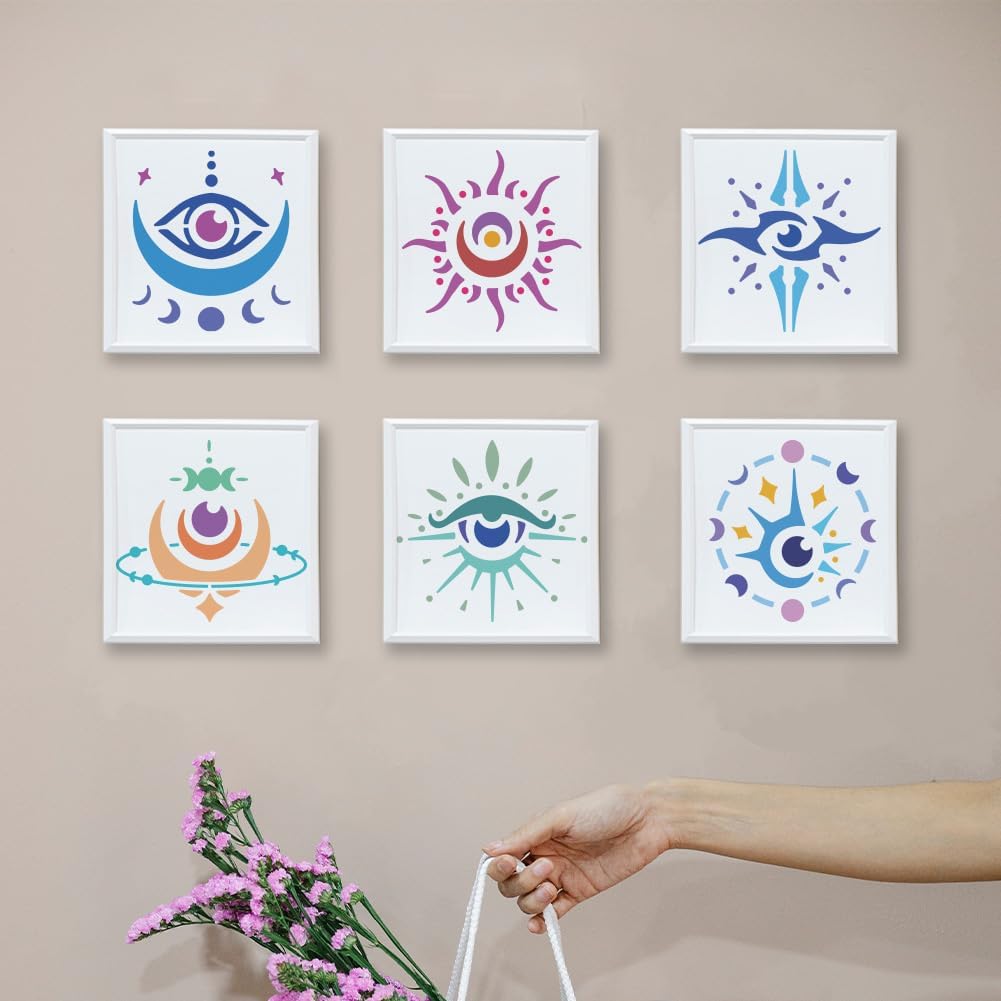 MAYJOYDIY Magic Evil Eyes Stencils, 6x6 inch, 9 Pieces with Paint Brush, Moon Phases Star Template for Wall Furniture Canvas