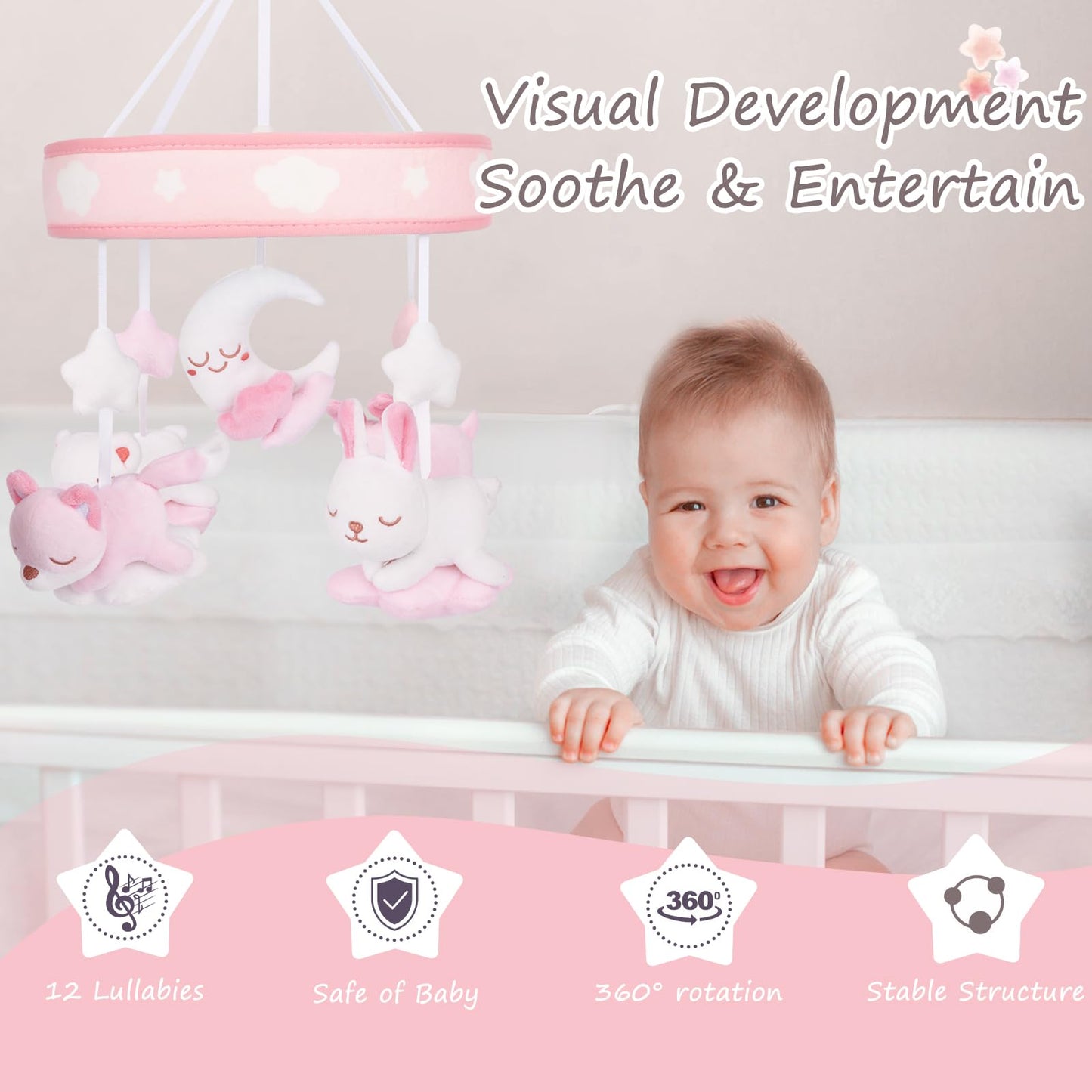 YIERCHOO Crib Mobile for Girls, Baby Mobile for Crib with 12 Lullabies Digital Musical Box, 3 Modes, Volume & Songs Control, Pink Design for Nursey Decor