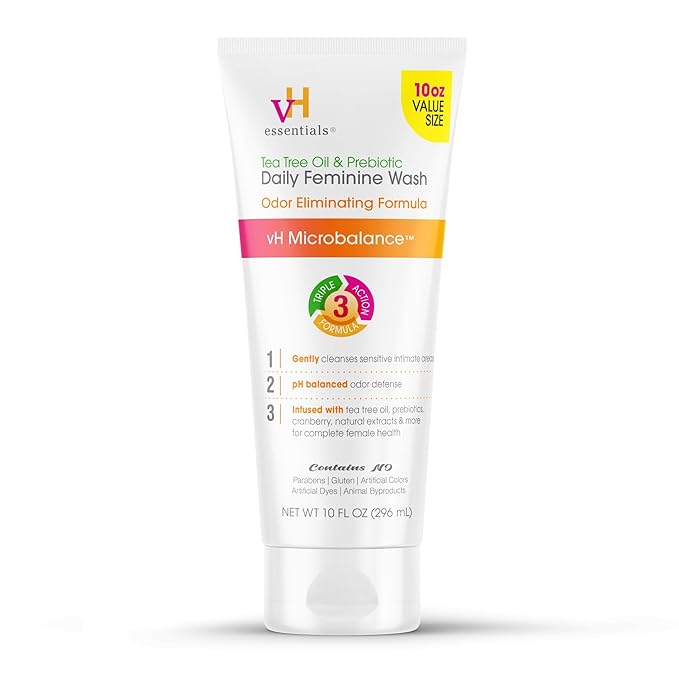 vH Essentials Daily Feminine Wash - 10 Fl Oz - Odor Eliminating Vaginal Wash with Tea Tree Oil, Prebiotics and Cranberry, gentle cleanser + pH balancing