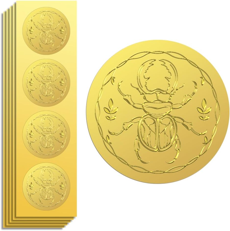 Peacoblue Gold Foil Sticker Seal Embossed 2 Inch 100Pcs Beetle and Leaves, Self Adhesive Gold Around Embossing Sticker for Invitation Certificate Envelope Seal Gift Card Decoration