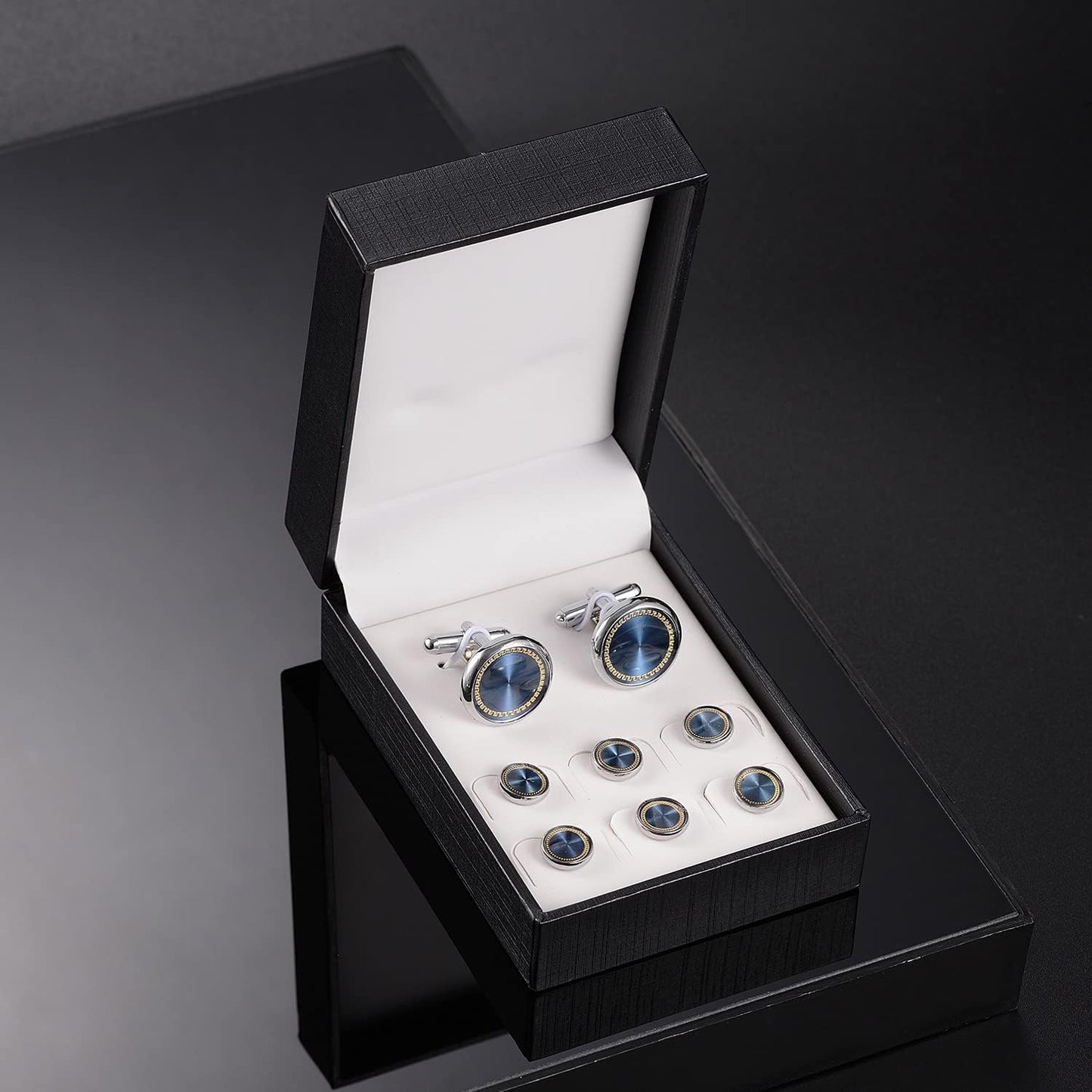 wynameleri Mens Cufflinks and Studs Set Blanks Round 4 Colors Shirt Tuxedo Buttons Packed in Cufflink Box for Business Wedding Jewelry