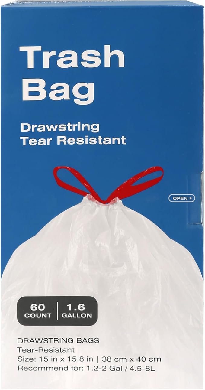 ELPHECO 1.6 Gallon Small Trash Bags 60 Count - For 1.2-2 Gallon Trash Cans, 4.5-8L Drawstring Garbage Bags, Strong Bathroom Trash Bags, Clear Tear free Garbage Bags, 60 Count / 6 Rolls