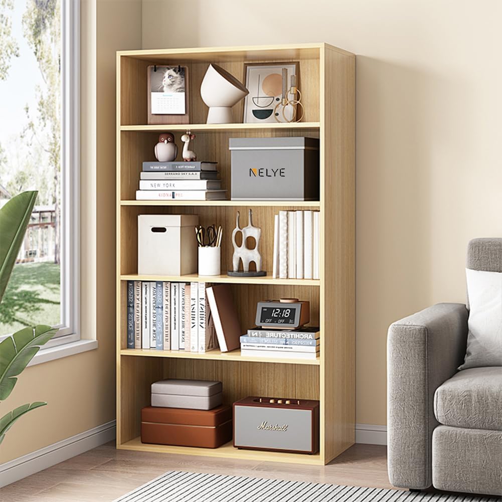 Basic Open Shelf Bookcase - 5-Tier Wooden Cube Storage Shelves Split Bookshelf, Oak