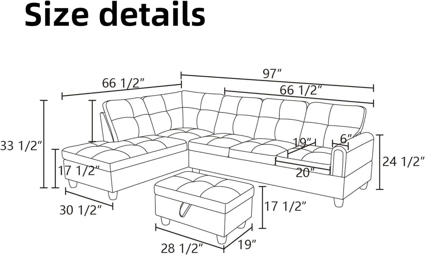 L Shaped Sectional Couches, Leather Couch Modular Sectional Sofa with Ottoman Storage, Modern L Shaped Couch with Chaise for Living Room Bedroom Apartment Furniture, Gray