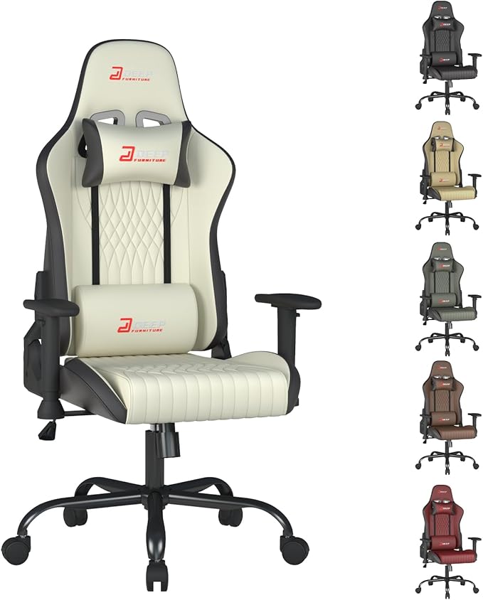 Video Game Chair Ergonomic Comfortable Gaming Office Chair Height-Adjustable with a 360° Swivel Base and Headrest(1002-White)
