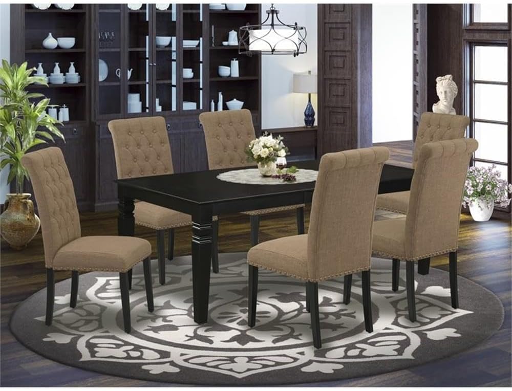 East West Furniture LGBR7-BLK-17 7 Piece Dining Room Table Set Consist of a Rectangle Kitchen Table with Butterfly Leaf and 6 Light Sable Linen Fabric Parsons Chairs, 42x84 Inch, Black