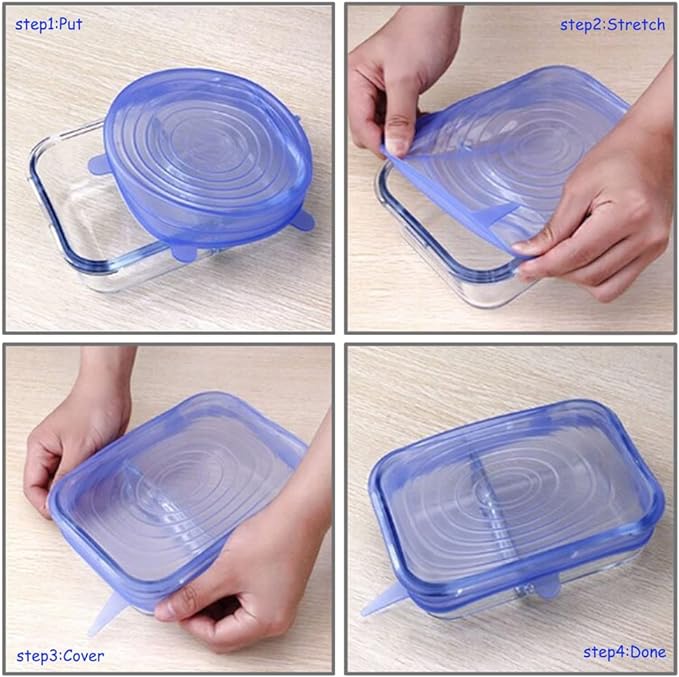 12 pcs Silicone Stretch lids set, Reusable Food Storage Covers,Silicone Bowl Covers,Flexible to Fit All Shape of Containers,Food Cover to Keep Food Fresh(6 Sizes,blue&pink)