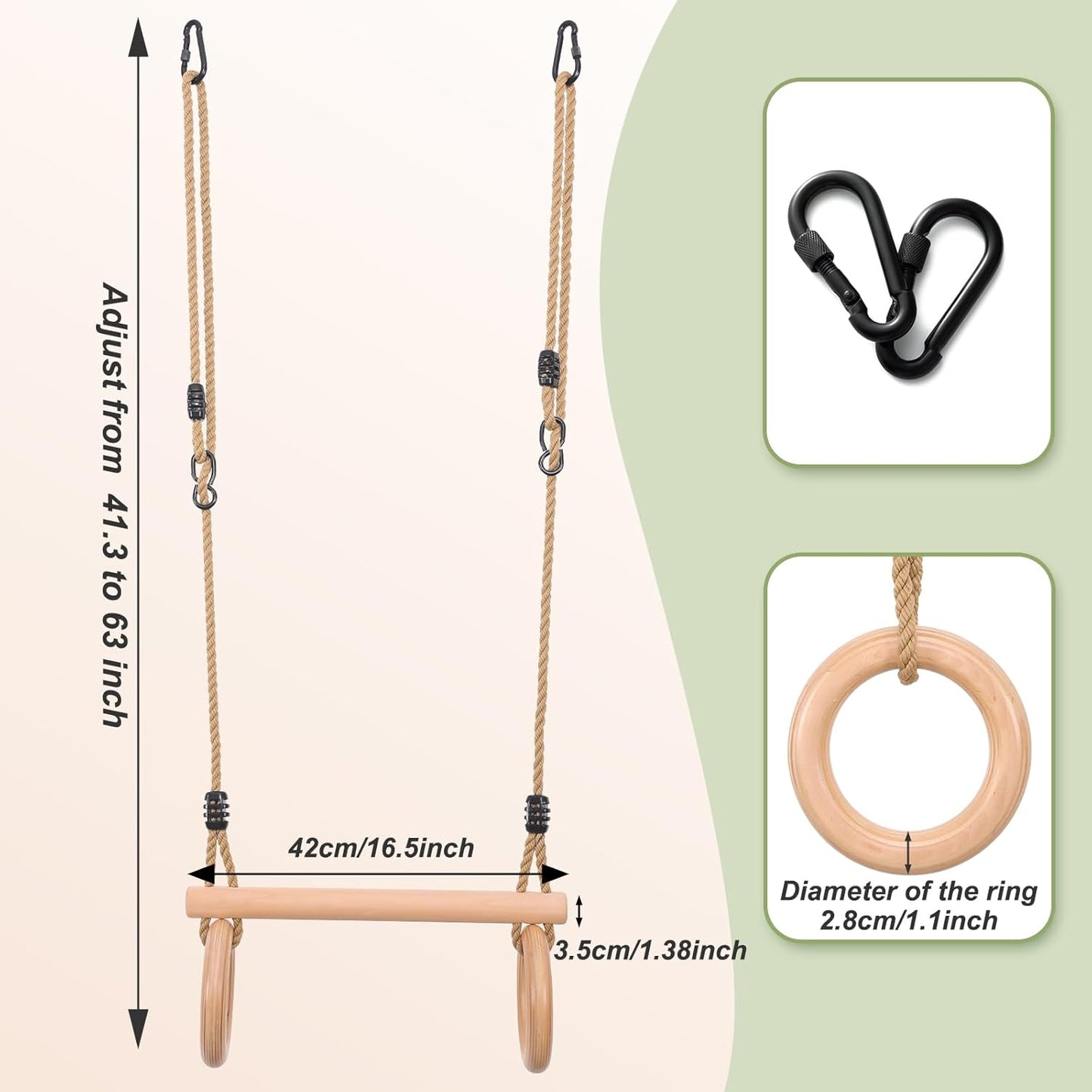 YAERSI Children's Trapeze Swing Bar with Wooden Gym Rings,Trapeze Bar for Swing Set