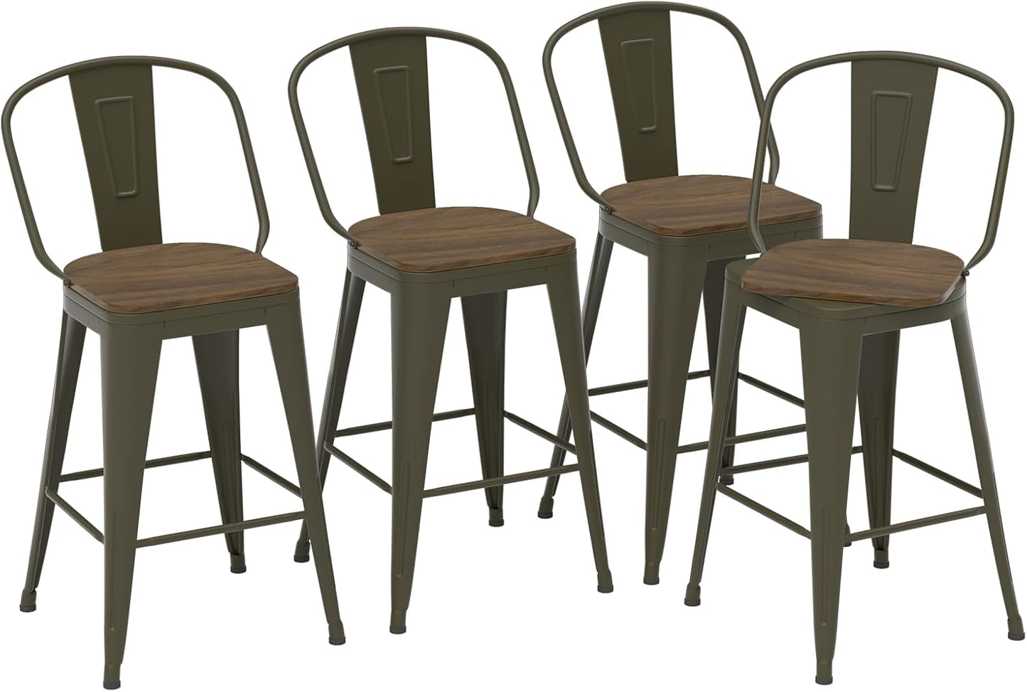 30” Swivel Bar Stools Set of 4, Counter Height Bar Stools Wooden Seat, Metal Industrial Bar Chairs with High Back for Kitchen Island (Rusty)