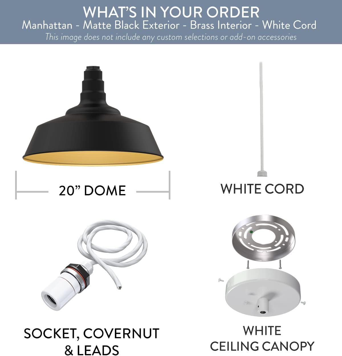 Steel Lighting Co. Manhattan Warehouse Light | Ceiling Mounted Pendant | 20 inch Dome | White Cord | Large Steel Barn Light Made in America | Matte Black Exterior/Brass Interior