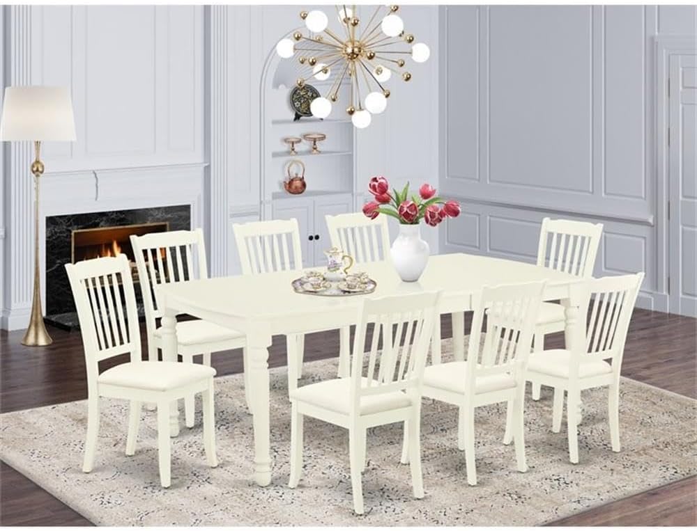 East West Furniture DODA9-LWH-C 9 Piece Dining Room Set Includes a Rectangle Kitchen Table with Butterfly Leaf and 8 Linen Fabric Upholstered Dining Chairs, 42x78 Inch, Linen White
