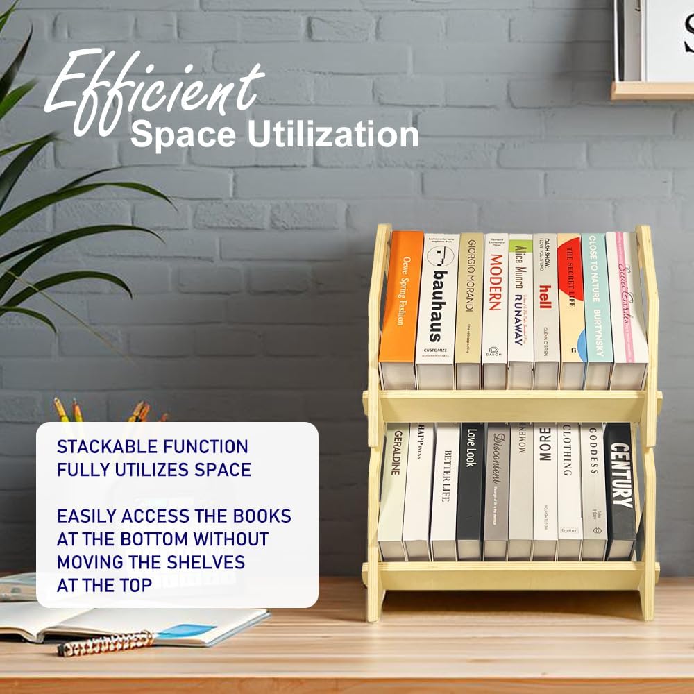 Desktop Bookshelf, Stackable Book Organizer with Handle, Storage Rack for CD/Magazine/File Folder, Portable Small Bookshelf for Study, Living Room, Kid's Room, No Nails, Medium Size