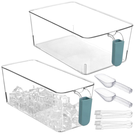 2 Pcs Ice Bin with Scoop and Tong, Ice Bucket with Handle for Freezer, 2 Sizes Clear Plastic Ice Container for DIY Drink Summer Party, 12.2 x 6.9 x 4.3 in, 12.2 x 4.9 x 4.3 in, Cyan
