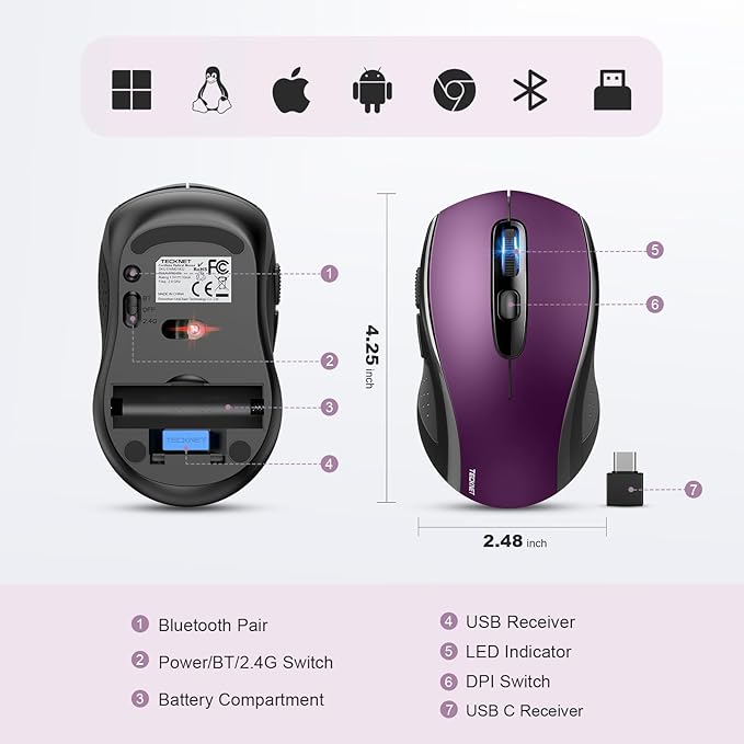 TECKNET Bluetooth Mouse, 4000DPI Wireless Mice for Laptop 2-in-1(BT 5.0/3.0+2.4Ghz) Computer Portable PC Mouse Wireless with USB Receiver for Mac (USB-A/C+Bluetooth, Purple)