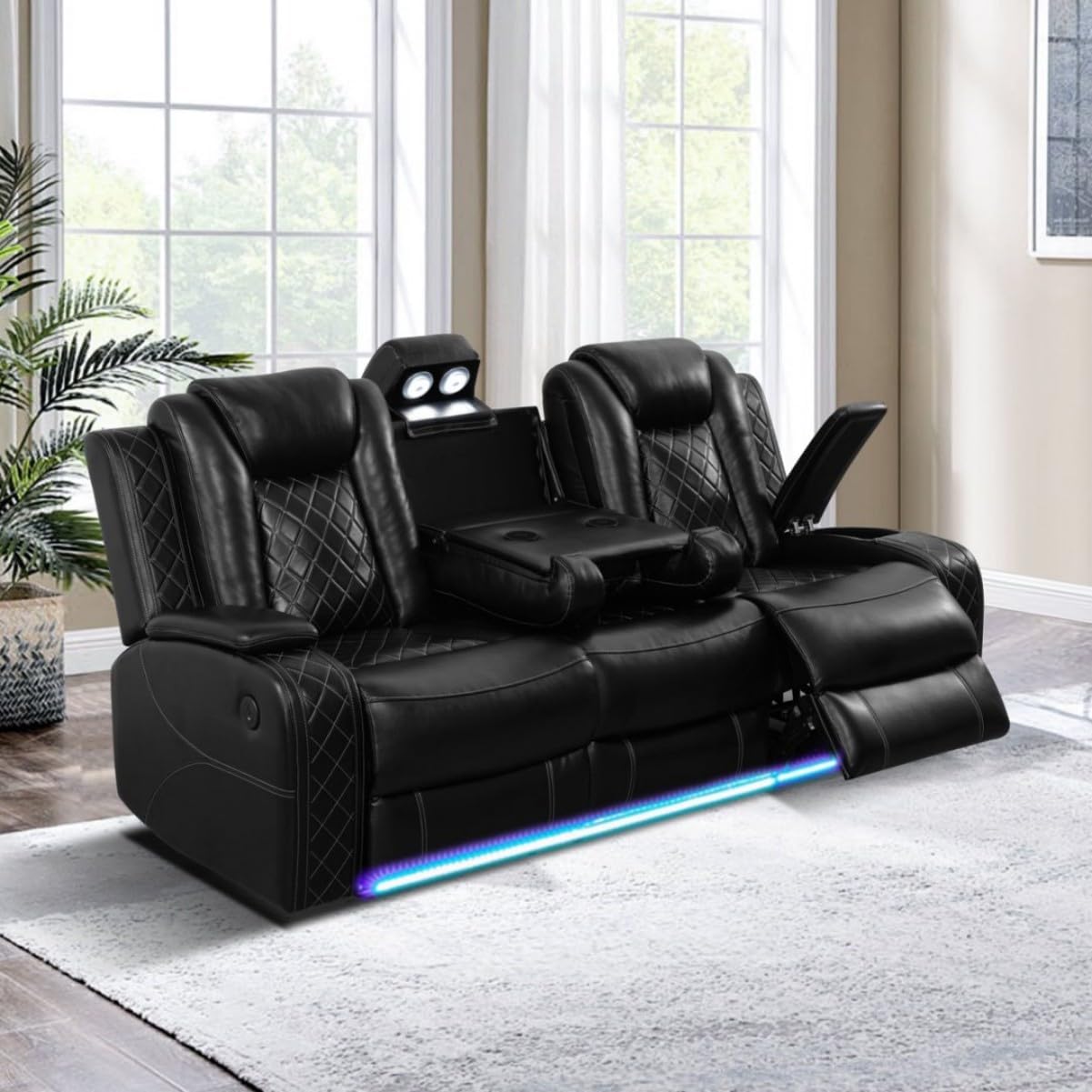 Electric Power Recliner Sofa Living Room Furniture, Comfy Home Theater Breathing Leather Seating with USB 2.0 Charging Ports, LED Light Strips, Fold-Down Table & Wireless Charging Device (Black)