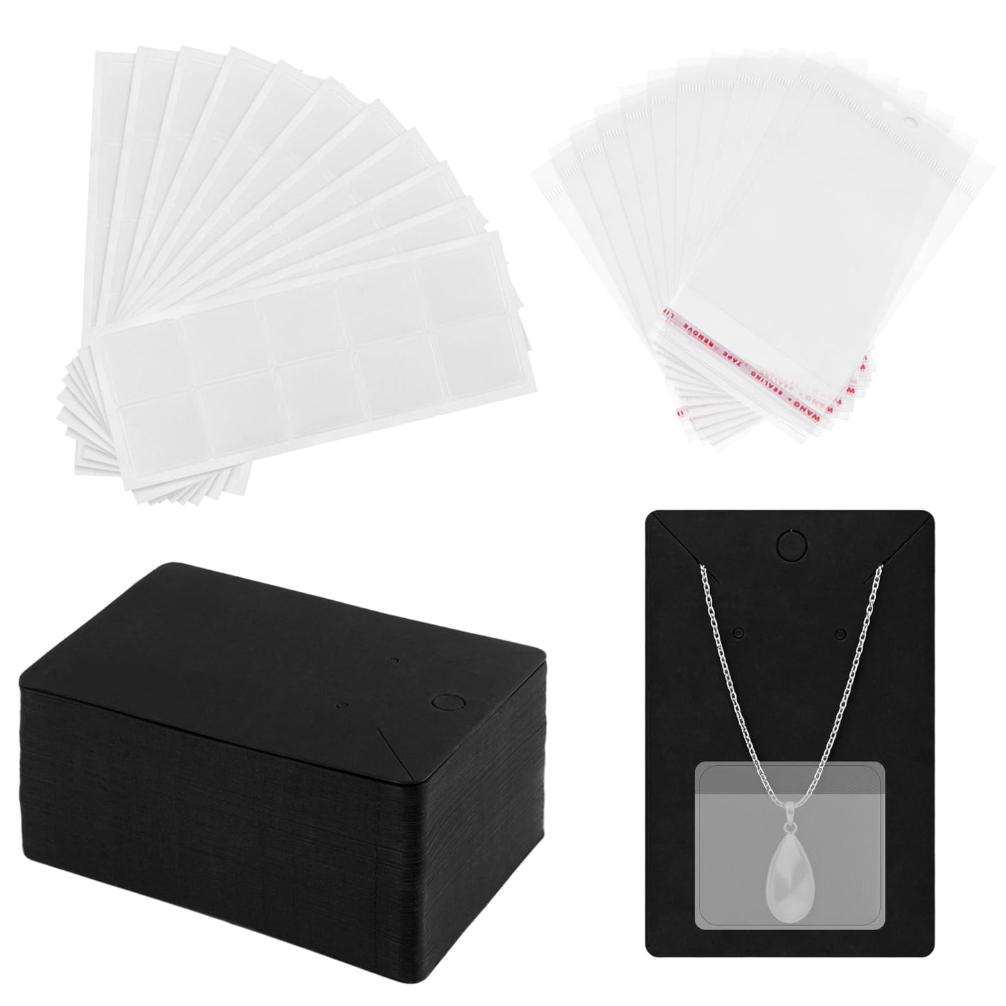YUENPUN 300Sets Necklace Display Cards with Adhesive Pouches and Plastic Clear Jewelry Packaging Bags, Necklace Cards for Display Storage Selling Jewelry, Black