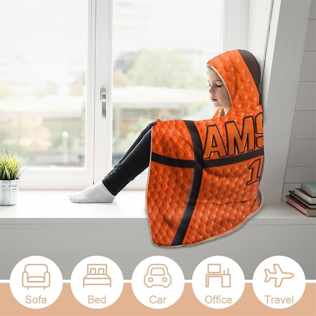 Personalized Basketball Lovers Gifts Wearable Ball Themed Hooded Blanket Customized Sport Hooded Throw-Blanket Gifts for Sofa Bedding Travel Custom Wearable Basketball Sport Blanket with Name