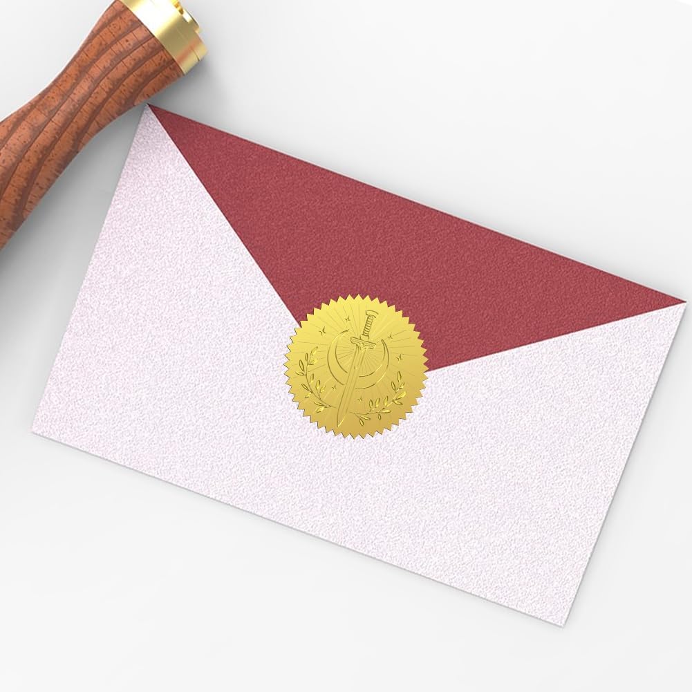 Peacoblue Gold Foil Sticker Seal Embossed 2 Inch 100Pcs Sword and Moon, Self Adhesive Gold Around Embossing Sticker for Invitation Certificate Envelope Seal Gift Card Decoration