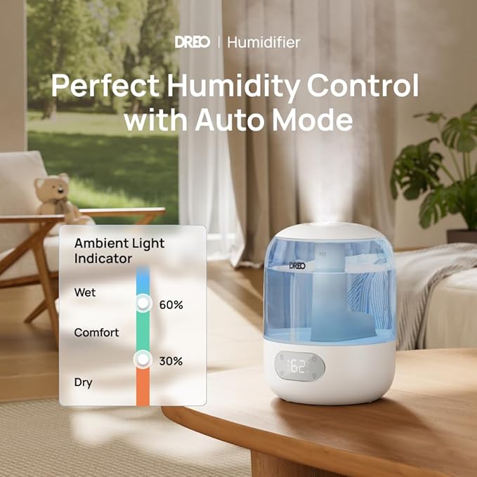 DREO Humidifiers for Bedroom, Cool Mist Ultrasonic Humidifiers with 30Hr Runtime, Top Fill 3L Tank, Easy Clean, Humidity Sensor, Night Light for Baby, Nursery, 360° Nozzle for Plants and Home, Blue