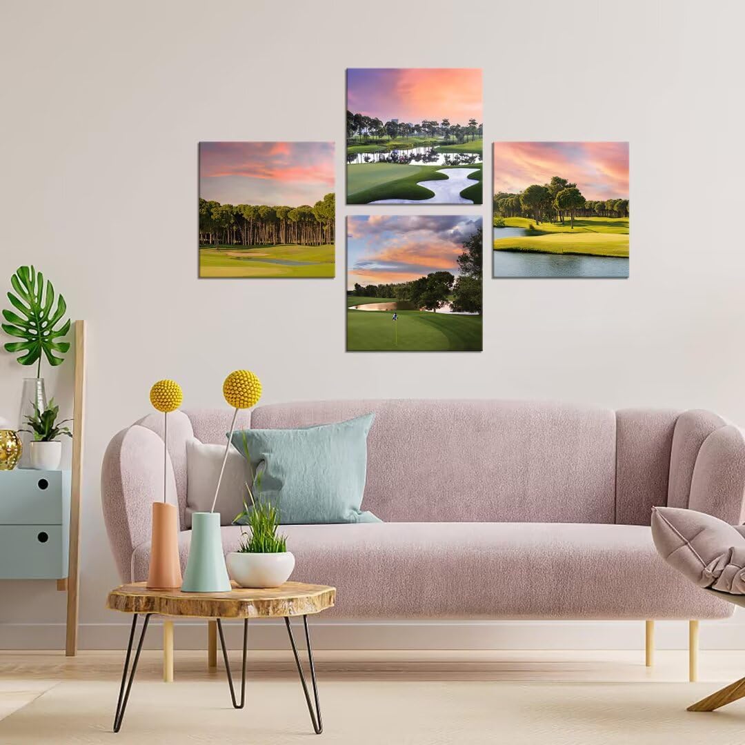 Pankila Golf Course Wall Art for Golf Gym Club Canvas Wall Decor Yellow Green Sunset Landscape Abstract Wall Painting Decor Living Room Bedroom Bathroom Frame Artwork (16''W x 16''H x 4)