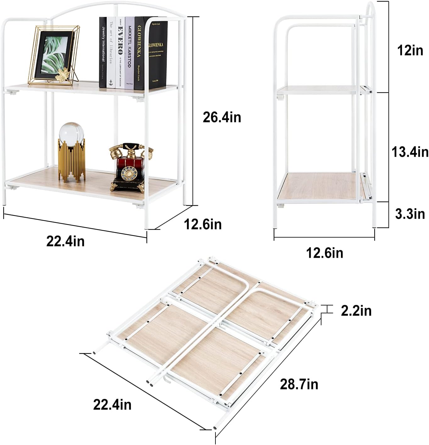 Crofy No Assembly Folding Bookshelf for Living Room, 2 Tier White Collapsible Book Shelf for Home Office, Portable Bookcase Storage Organizer
